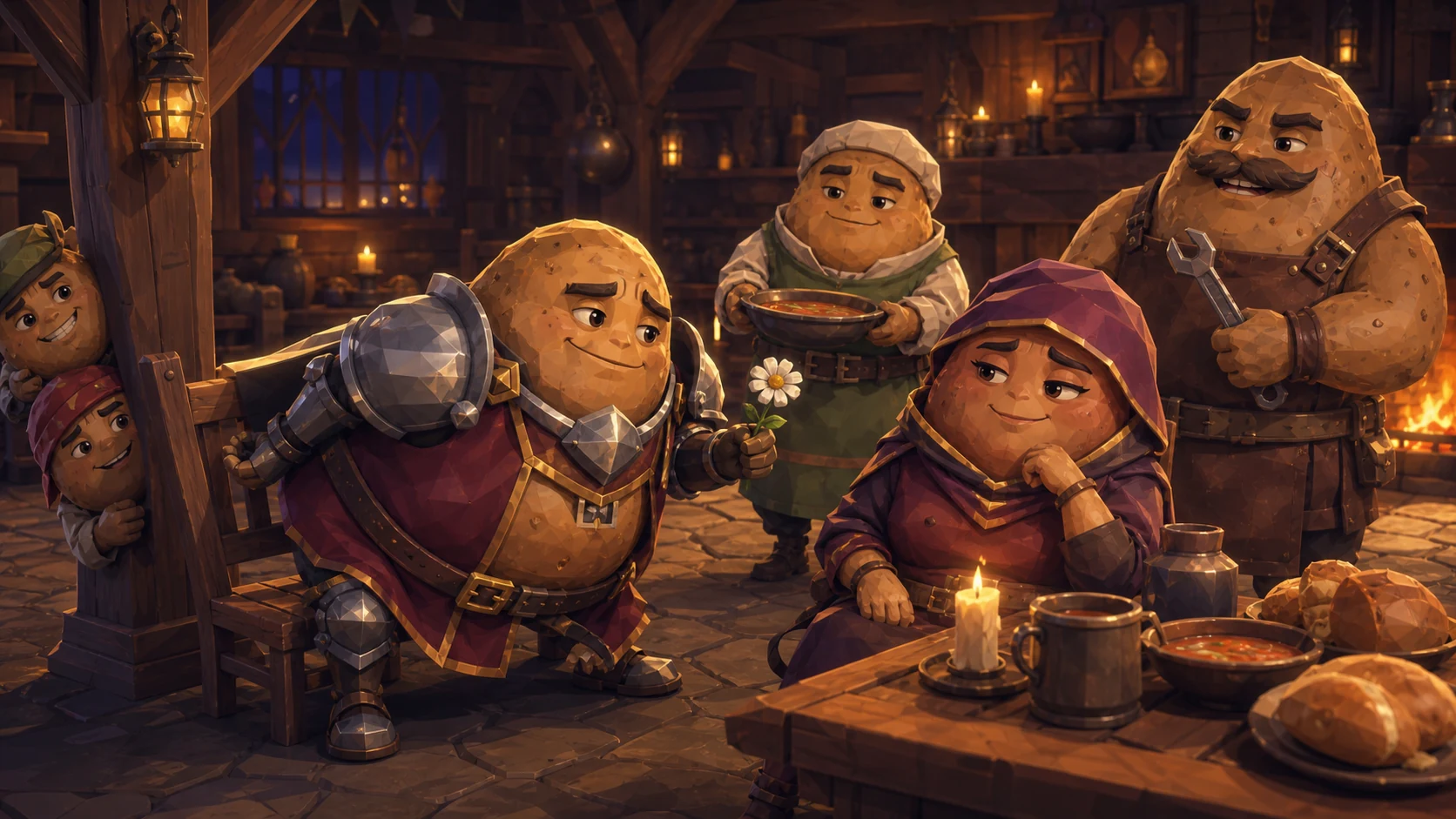 A hopeful potato knight offers a flower to an unimpressed spud in a cosy tavern