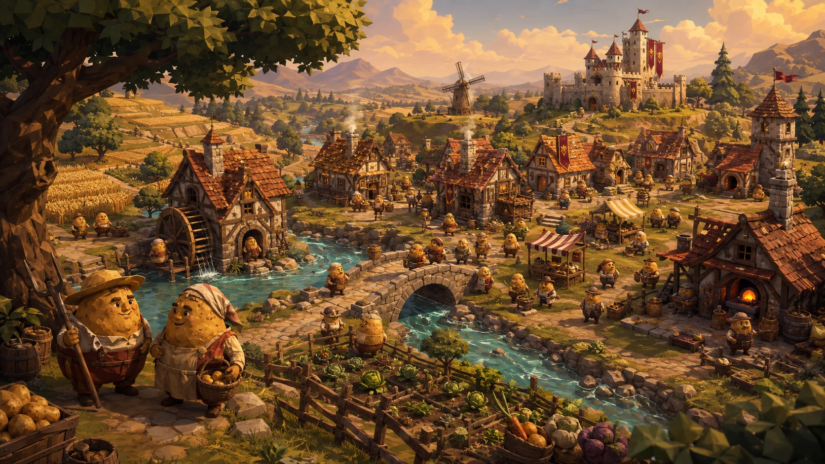 A sunlit potato village with a watermill, bustling market and a castle on the hill